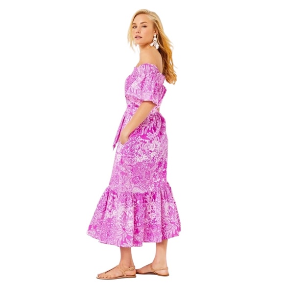 NWT Lilly Pulitzer Isbell linen MIDI Dress Wild Fuchsia Swipe Right size Large - Picture 3 of 9